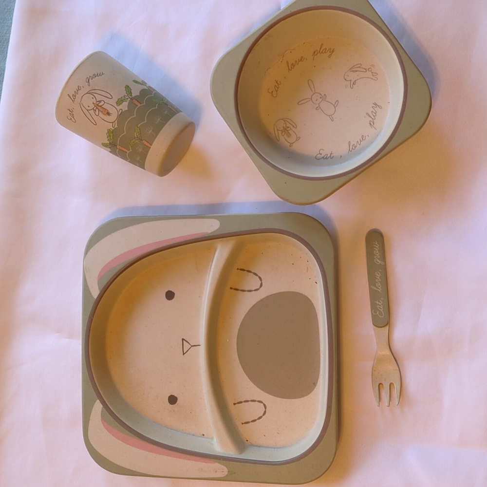 Four piece bunny children's plate,bowl and cup set.